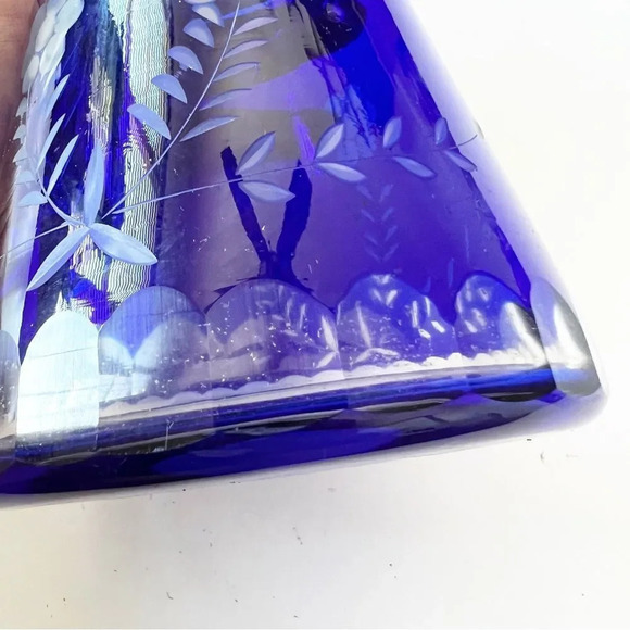 Bohemian Glass Cobalt Blue Cut to Clear Crystal Water Decanter Flask Vase No Cup - Picture 4 of 10